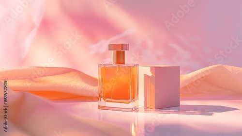 A premium product mockup template with an elegant perfume bottle and a matching branded box, set against a soft gradient background with subtle highlights. 8k UHD, suitable for high-quality 