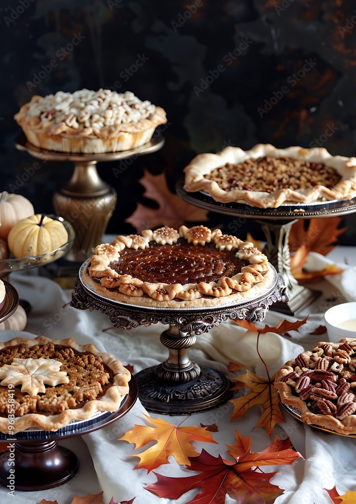 Thanksgiving dessert table featuring a variety of pies including pumpkin and pecan Thanksgiving dessert table featuring a variety of pies including pumpkin and pecan