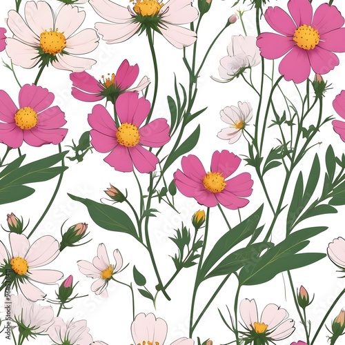 Seamless pattern with cosmos flowers