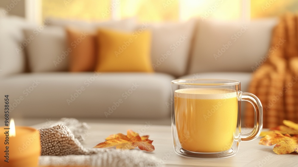 Cozy autumn scene featuring a warm drink in a glass mug, surrounded by fall leaves and soft home decor. Cozy autumn scene featuring a warm drink in a glass mug, surrounded by fall leaves and soft home decor.