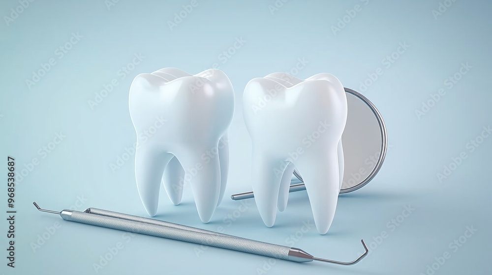 3d render of teeth and dental tools isolated on a light blue background 3d render of teeth and dental tools isolated on a light blue background