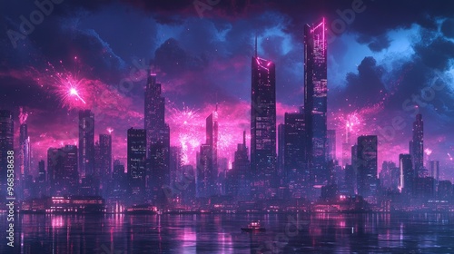 Wallpaper Mural Bright fireworks, exploding over a city skyline, gradient from dark to light blue Torontodigital.ca