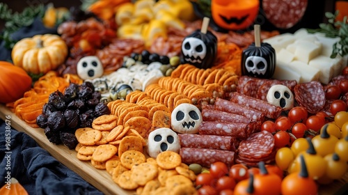 Halloween-themed charcuterie board with spooky snacks.