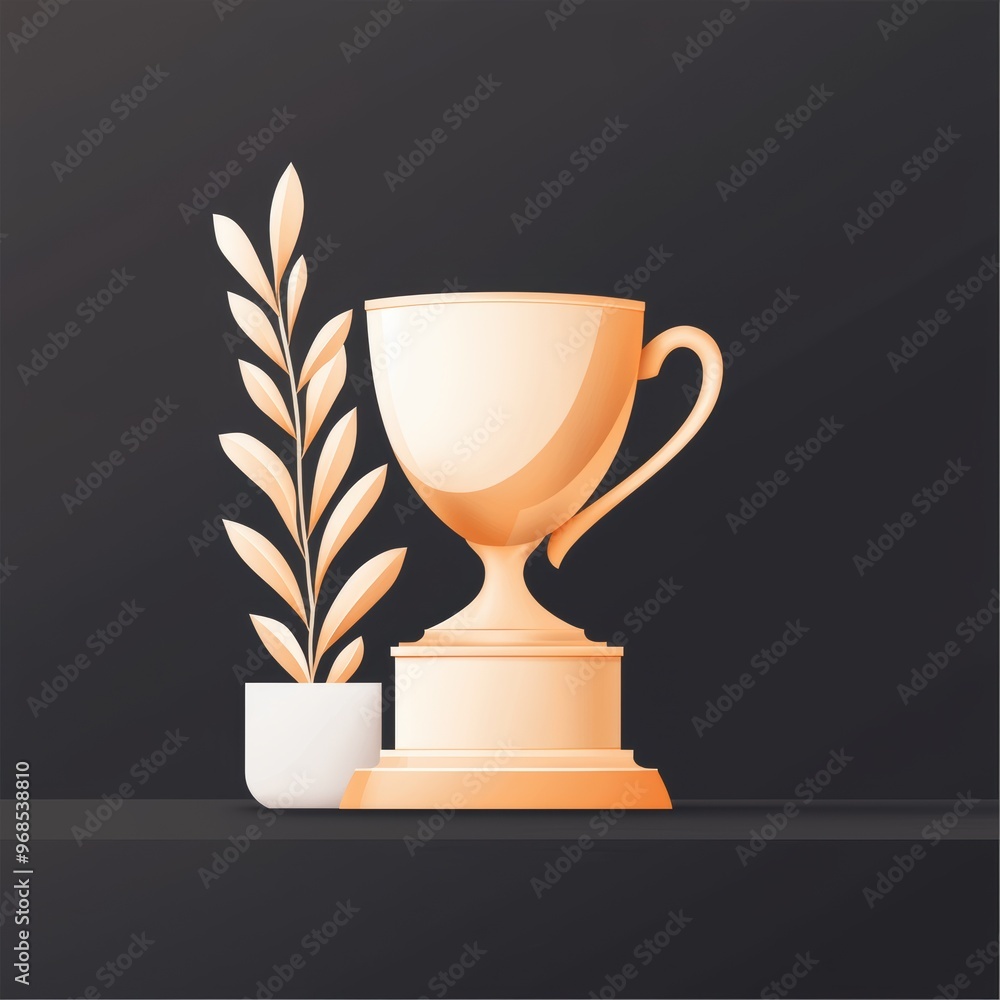 Stylish cup trophy with a plant, symbolizing achievement and success against a dark background. Stylish cup trophy with a plant, symbolizing achievement and success against a dark background.