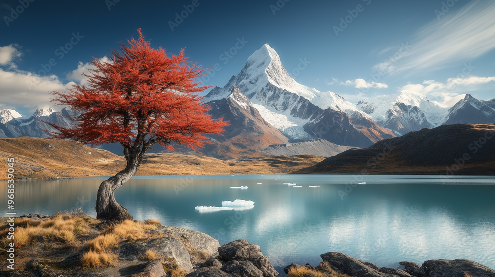 Obraz premium A vibrant red tree stands alone on a rocky shore beside a serene glacier lake, with towering snow-capped mountains in the background.