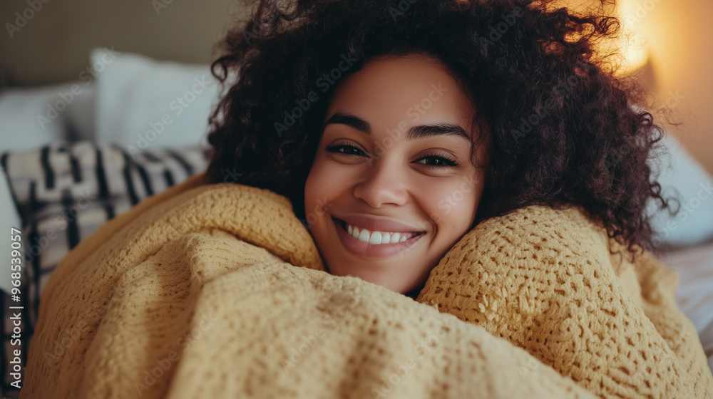 A young woman with a joyful smile wrapped in a soft yellow blanket, enjoying warmth and coziness in bed A young woman with a joyful smile wrapped in a soft yellow blanket, enjoying warmth and coziness in bed