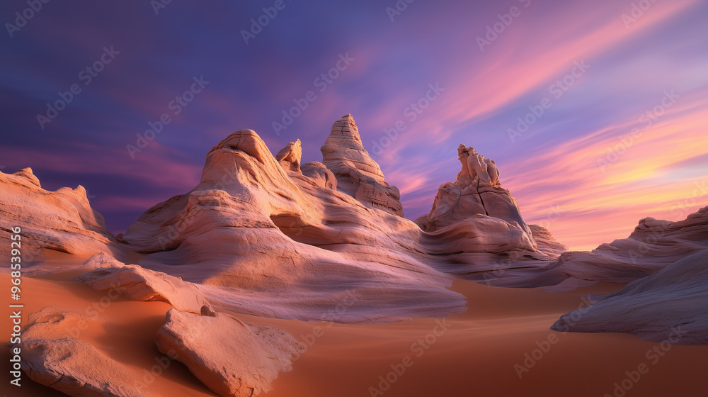 Naklejka premium Striking eroded sandstone formations shaped by wind and time, bathed in the warm glow of a vibrant sunset in a remote desert landscape.