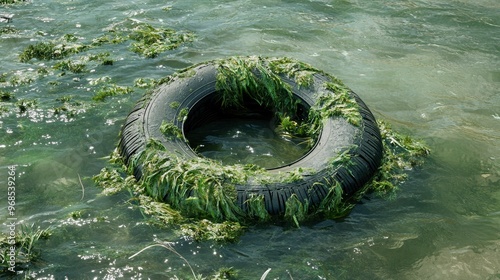 Car tire, submerged in a river, algae growing on it, filtered sunlight photo