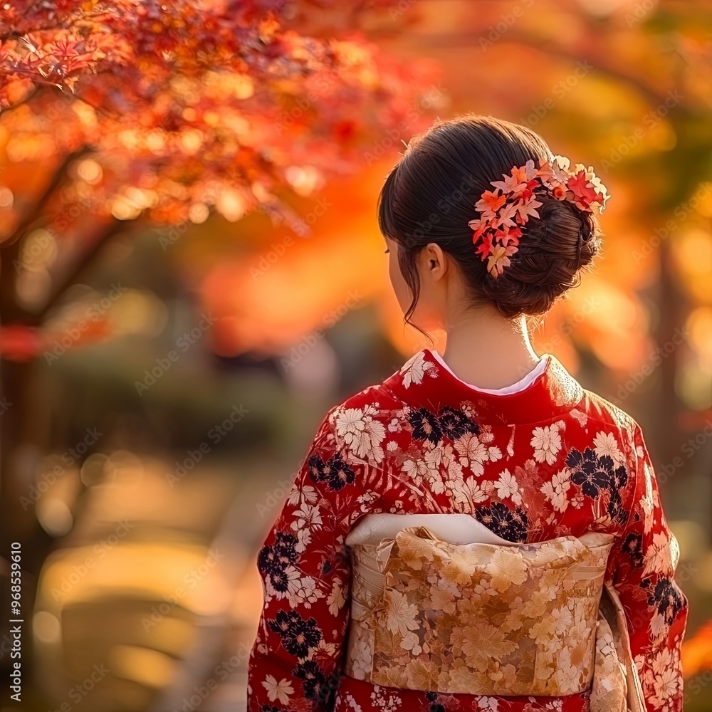 Japanese Kimono Portrait back view photography. Kyoto, Japan. Fall foliage background. Maple leaves turning red in the autumn season. Japanese Kimono Portrait back view photography. Kyoto, Japan. Fall foliage background. Maple leaves turning red in the autumn season.