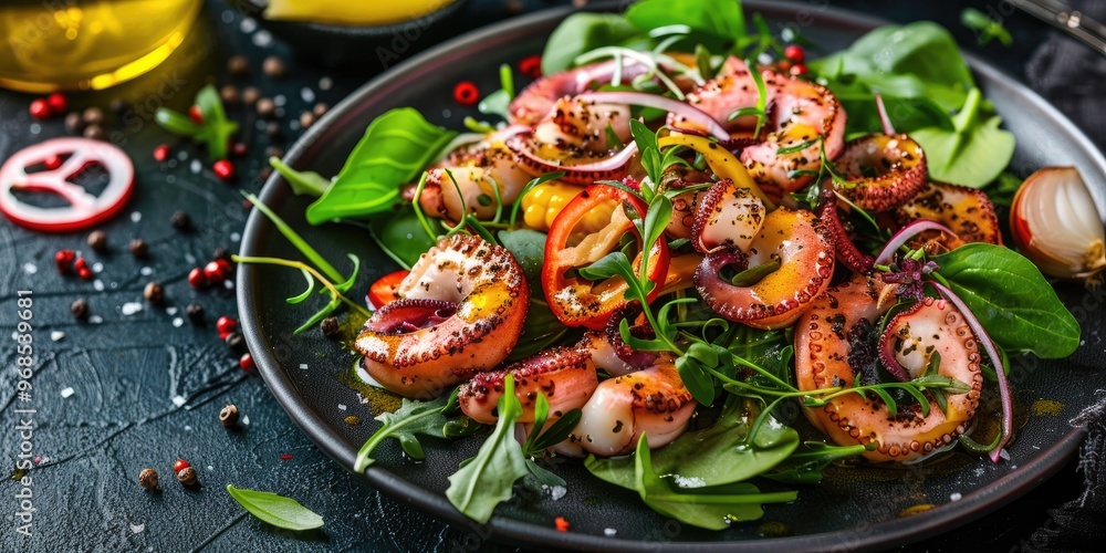 Octopus Salad Topped with Olive Oil and Fresh Greens Octopus Salad Topped with Olive Oil and Fresh Greens
