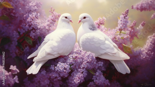 Two white doves sitting on lilac flowers, painting photo