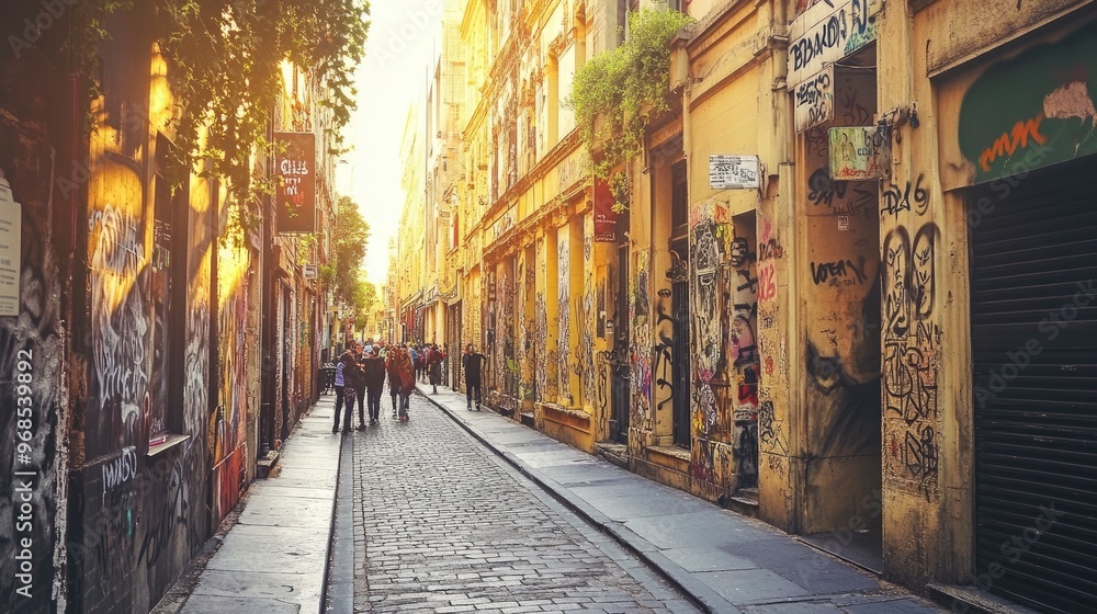 Obraz premium City alley, street art on walls, tourists taking photos, late afternoon light