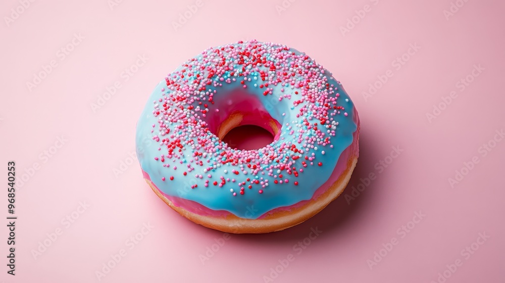 Doughnut with blue icing and pink sprinkles Doughnut with blue icing and pink sprinkles