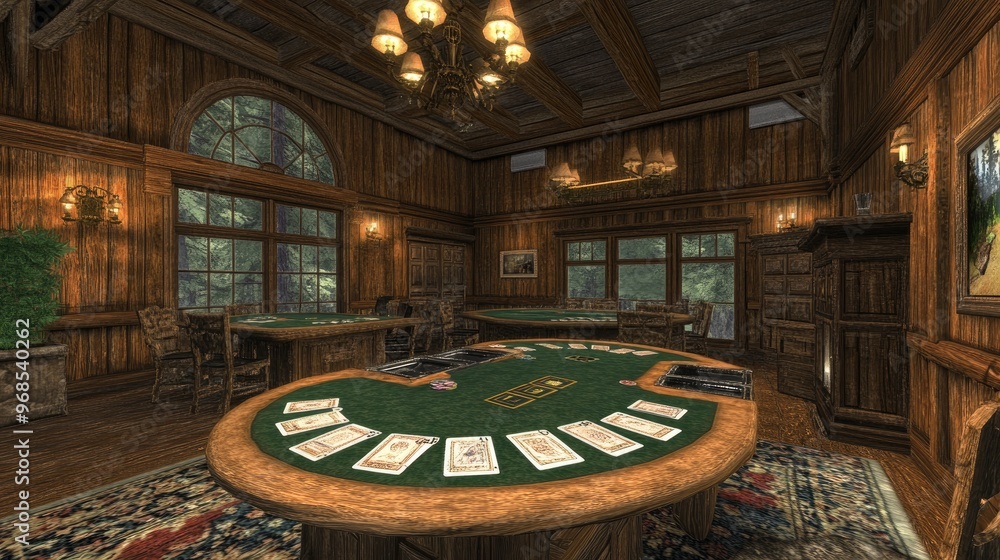 Obraz premium Clue, game room with suspect tokens, cards laid out, chandelier lighting