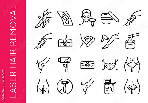 Laser Hair Removal icons. Set of 20 laser hair removal-themed trendy minimal icons. Smooth Leg, Waxing, Bikini Waxing icon. Design signs for web page, mobile app, packaging design. Vector illustration