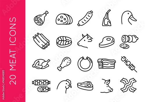 Meat icons. Set of 20 meat trendy minimal icons. Example: Ham, Sausage, Steak, Chicken, Bacon icon. Design signs for web page, mobile app, packaging design. Vector illustration