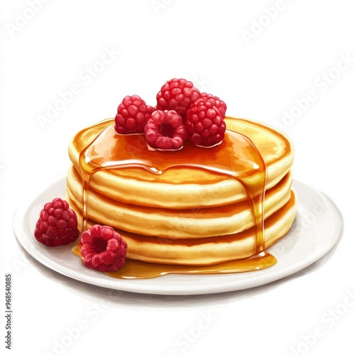 Fluffy pancake topped with syrup and raspberries isolated on white background.