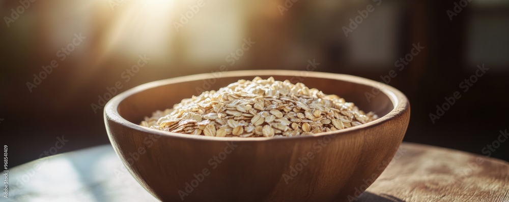 Bowl of oats in sunlight on wooden table, healthy breakfast concept Bowl of oats in sunlight on wooden table, healthy breakfast concept