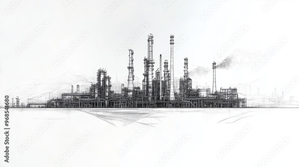 Fototapeta premium Line drawing depicting an industrial landscape featuring an oil refinery plant, representing the oil industry, with the sky depicted in a separate layer