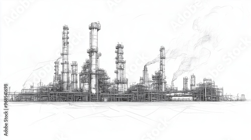 Line drawing depicting an industrial landscape featuring an oil refinery plant, representing the oil industry, with the sky depicted in a separate layer