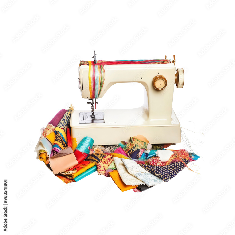 Fototapeta premium Vintage Sewing Machine with Colorful Fabrics