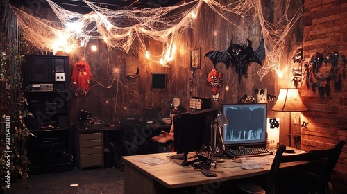 Wallpaper Mural Office decorated with cobwebs, bats, and spooky lights. Torontodigital.ca