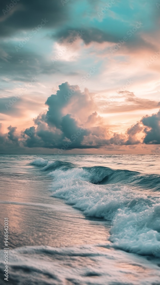 Naklejka premium ocean waves with dramatic clouds at sunset, serene coastal scene. tranquility and nature concept