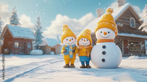 Family, posing with snowman, bundled in winter clothes, snow-covered yard, cloudy sky