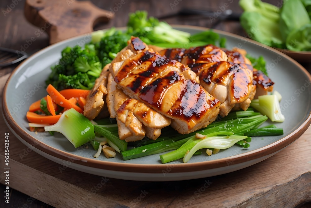Grilled chicken fillet on skewers in teriyaki sauce. Asian style.
Grilled chicken fillet on skewers in teriyaki sauce. Asian style.