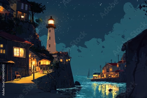 A Cozy Coastal Town With Quaint Houses And Soft, Glowing Lights Reflecting On The Calm Sea. Cozy Vibe, Generative AI photo