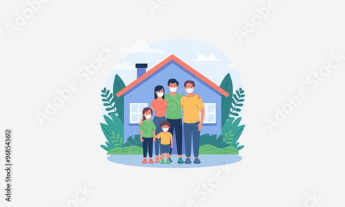A family standing outside their house, wearing masks for safety.