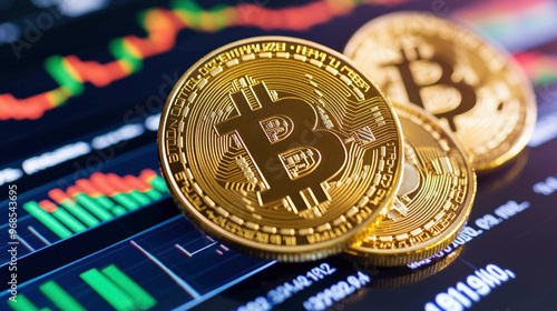 Three golden Bitcoin coins resting on a stock market screen displaying colorful trading charts, representing the volatility and opportunities in the cryptocurrency and financial markets.