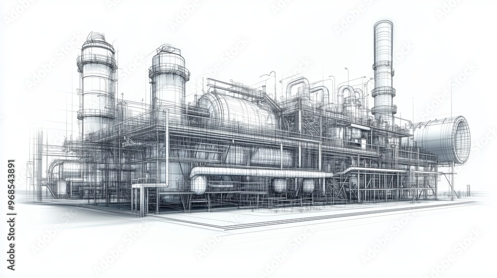 Obraz premium Sketch of industrial equipment rendered in wire-frame style with separated layers of visible and invisible lines