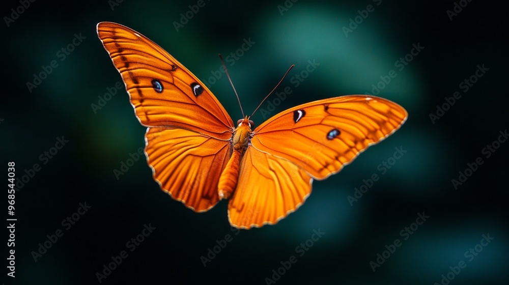 Fototapeta premium Orange butterfly with black markings and green
