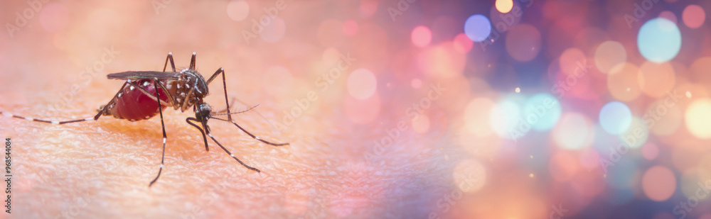 Fototapeta premium Close-up of Striped mosquitoes are eating blood on human skin with multicolored background. Mosquito are carriers of dengue fever and malaria.