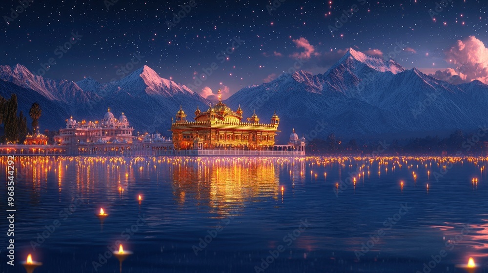 Obraz premium Golden temple, reflected in water, surrounded by floating diyas, nighttime