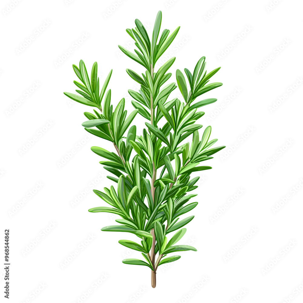 Fresh rosemary branch isolated on a white background with green leaves, showing its natural herbal details Fresh rosemary branch isolated on a white background with green leaves, showing its natural herbal details