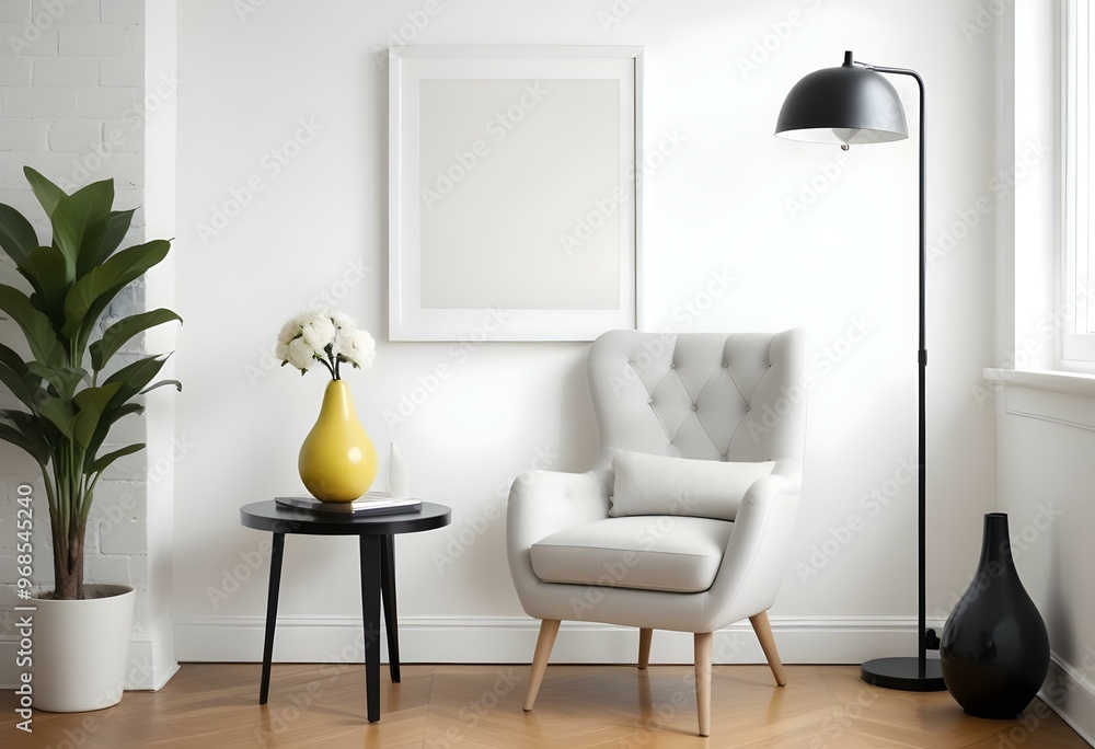 A modern living room with a white tufted armchair, a black side table with a pear-shaped vase, and a blank white frame on the wall. A modern living room with a white tufted armchair, a black side table with a pear-shaped vase, and a blank white frame on the wall.