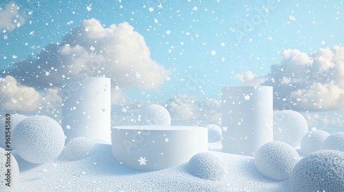 Minimalist stage design, with a snow background and two cylindrical podiums in the center of the frame, surrounded by falling white clouds ative space and clean lines. photo