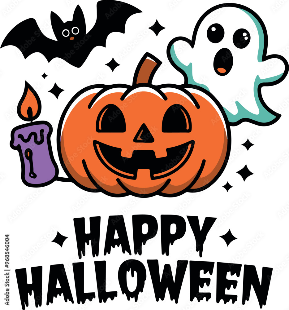Happy Halloween Pumpkin, Bats And Other Character Happy Halloween Pumpkin, Bats And Other Character