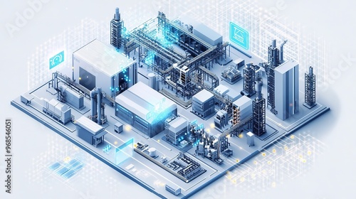 Smart factory with IoT-connected devices and automation systems.