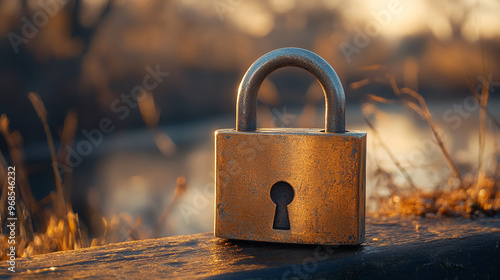 A weathered padlock rests on a wooden beam beside tranquil water at sunset, symbolizing security and permanence in nature photo