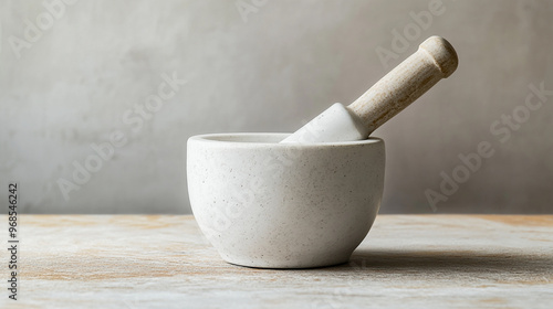 A minimalist white ceramic mortar and pestle set on a rustic wooden surface in a cozy kitchen setting