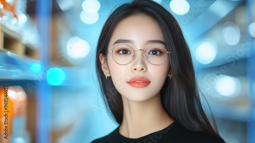 Wallpaper Mural Young Asian Woman with Glasses and Bokeh Lights Torontodigital.ca