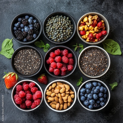 Healthy food clean eating selection. Fruit, vegetable, seeds, superfood, cereal, leaf vegetable on gray concrete background. Top view. Healthy food background and Copy space for text