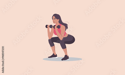A woman doing squats while holding dumbbells during a workout.