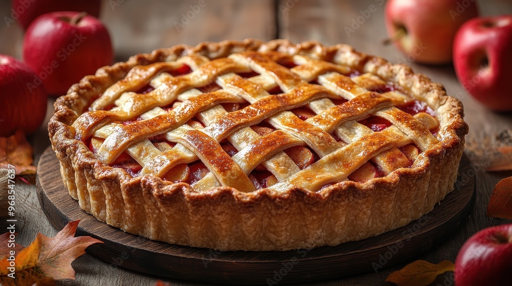 Close-up of a beautiful apple pie with a lattice crust on an old wooden table, surrounded by apples and autumn leaves Close-up of a beautiful apple pie with a lattice crust on an old wooden table, surrounded by apples and autumn leaves