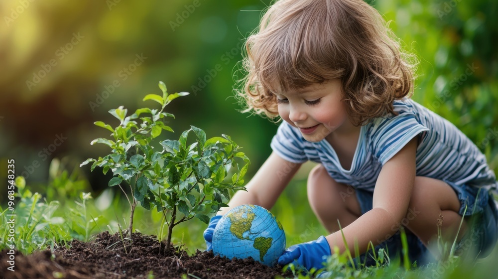 Young Boy Gardening and Exploring Nature in Outdoor Environment Young Boy Gardening and Exploring Nature in Outdoor Environment