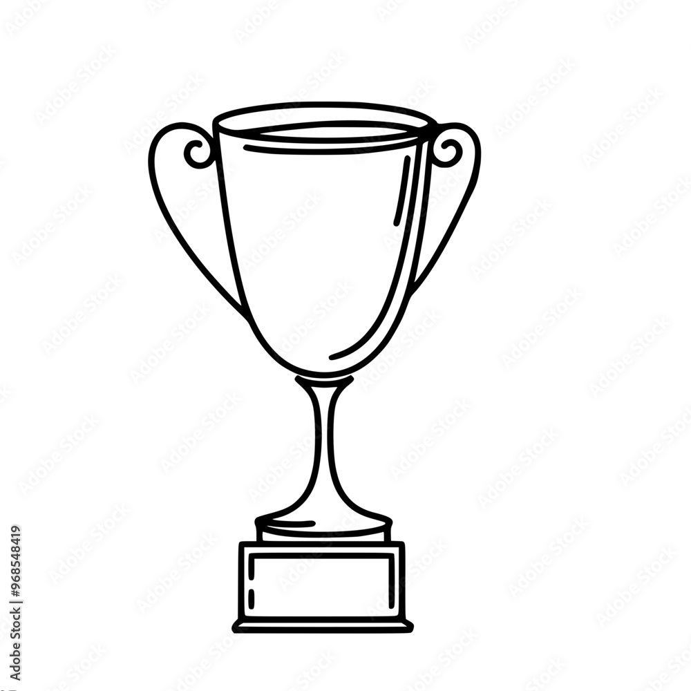 A simple black and white vector drawing of a trophy with different handles on the sides, mounted on a pedestal. Symbolizes success, achievement and victory in various competitions. A simple black and white vector drawing of a trophy with different handles on the sides, mounted on a pedestal. Symbolizes success, achievement and victory in various competitions.