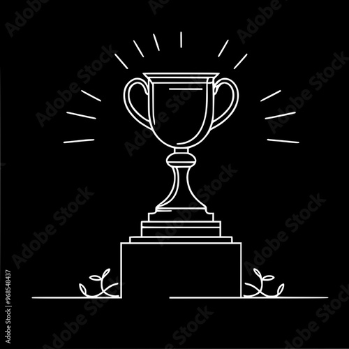 Linear vector illustration of a trophy on a pedestal with rays of light, isolated on a white background.